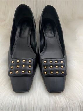 Black Leather Square-Toe Flats with Gold Stud Detail